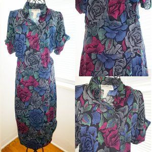 SOLD Vtg 1970s Midi Shirtdress by Studio LA Blue Floral Print Fitted Day Dress